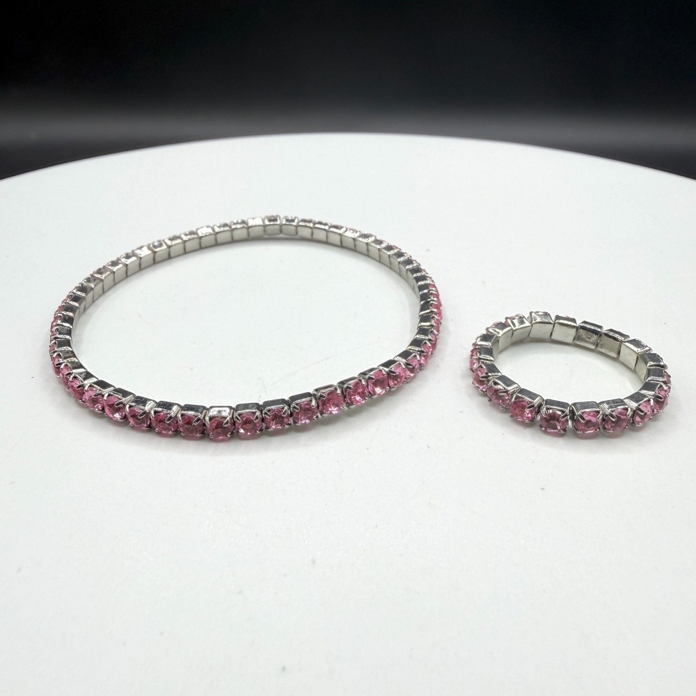 Pink Rhinestone Stretch Bracelet Ring Set Silver Tone Coquette Y2K Sparkle Gift